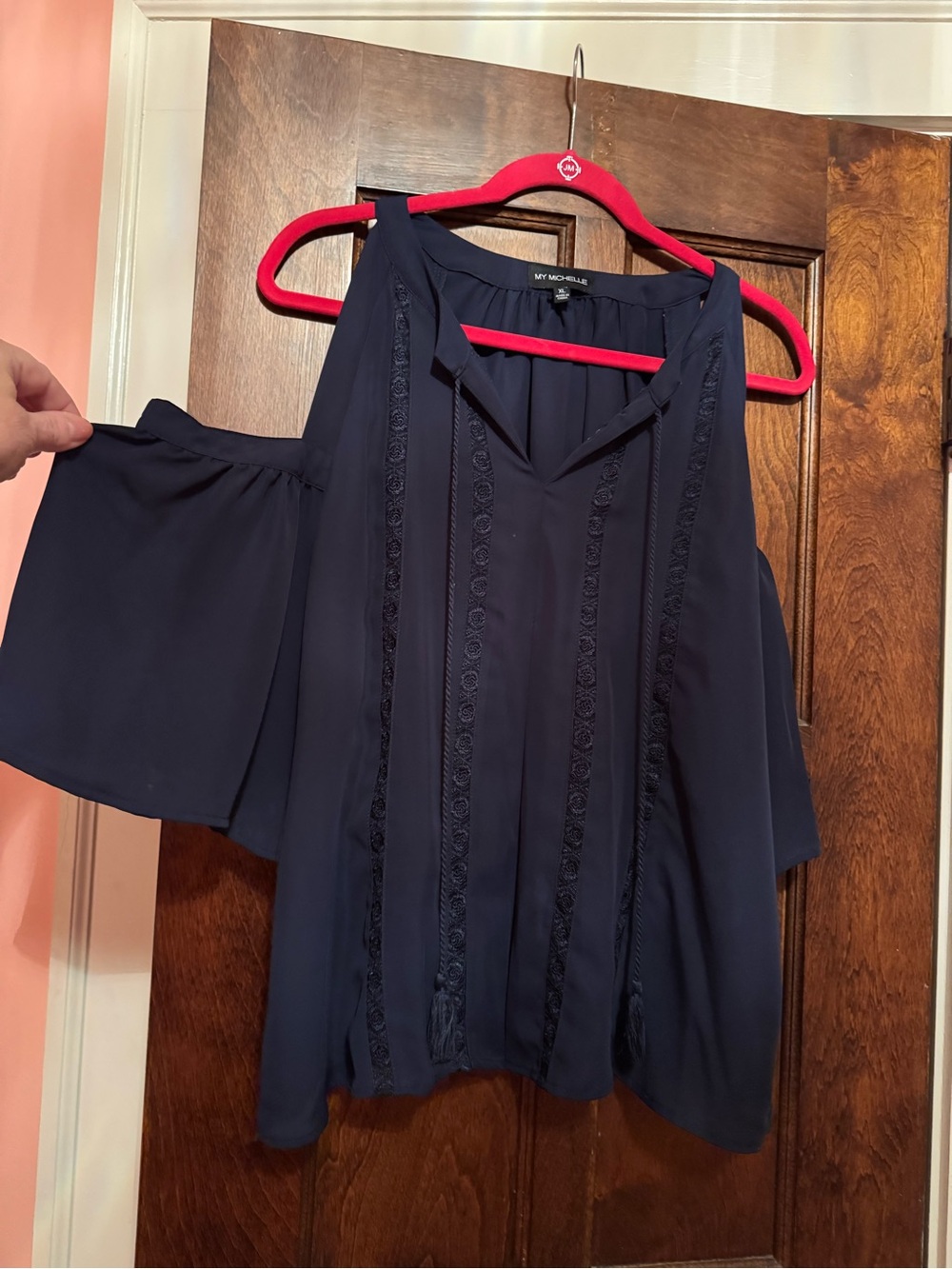 My Michelle Navy Cold-Shoulder Lace-Trim blouse